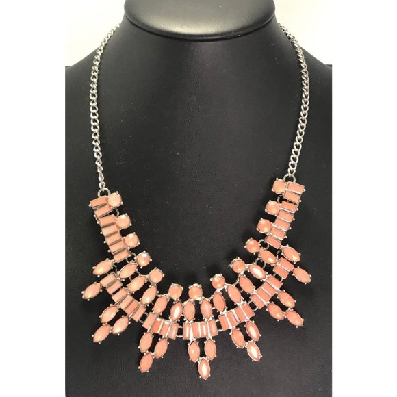 Peach Rhinestone Egyptian Revival Statement Bib Necklace Silver Tone Cleopatra - Picture 1 of 4